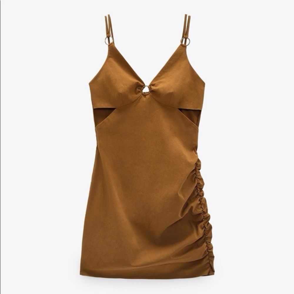Zara Tan Ruched Mini Dress